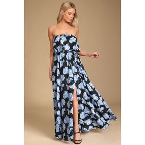 Lulus Love Boldly Black Blue Floral Print Strapless Maxi Dress Small